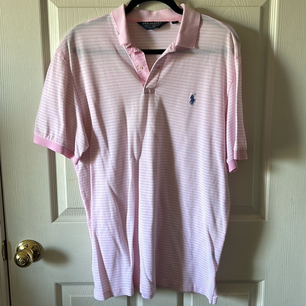 Polo Golf by Ralph‎ Lauren Men’s Pink & White Striped Polo Golf Shirt Size Large